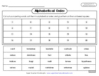 Alphabetical Order: Cut-Glue (F-12) Spelling F Worksheet