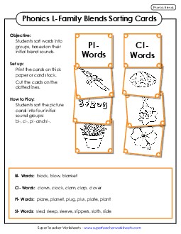 Sorting Cards: L-Family Blends Phonics Blends Worksheet