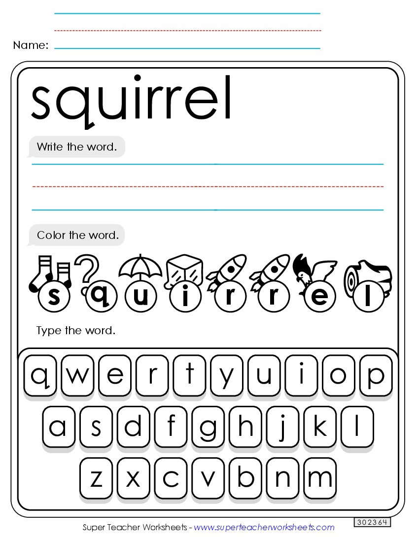 Write, Color, Type: Squirrel Sight Words Individual Worksheet