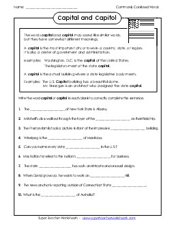 Capital and Capitol  Commonly Confused Words Worksheet