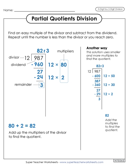 Partial Quotients Anchor Chart  (3-Digit by 2-Digit) Division Worksheet