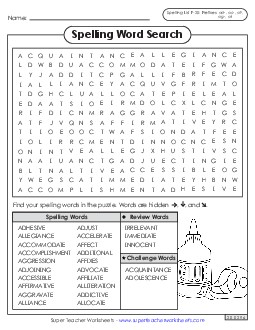 Word Search (F-20) Spelling F Worksheet