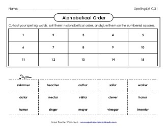 ABC Order: Cut and Glue (C-21) Spelling C Worksheet