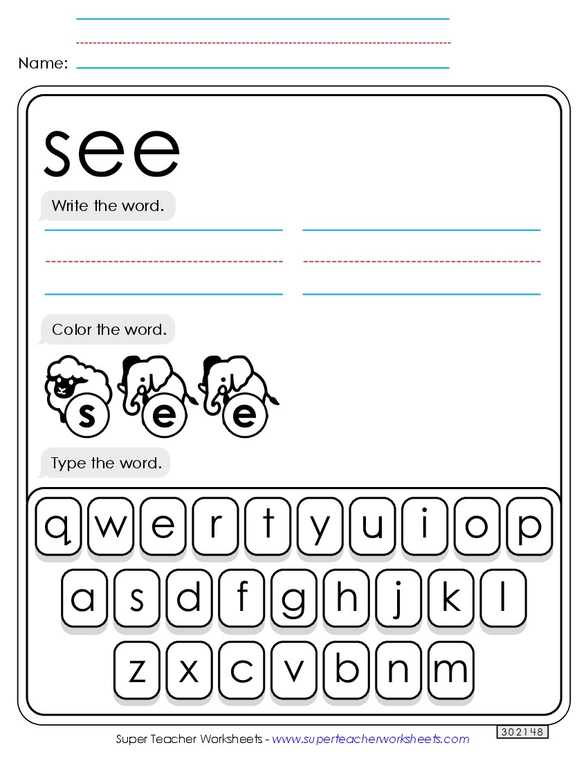 Write, Color, Type: See Sight Words Individual Worksheet