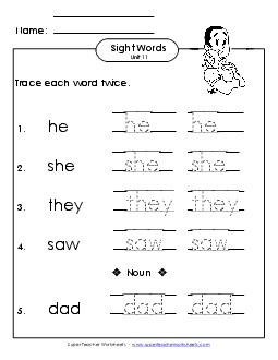 Trace Twice (Unit 11) Sight Words Worksheet