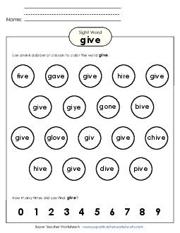 Dab or Color: Give Sight Words Individual Worksheet