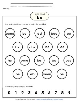 Dab or Color: Be Sight Words Individual Worksheet