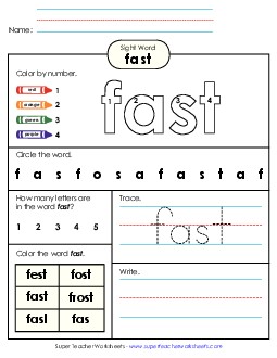 Worksheet 4: Fast Sight Words Individual Worksheet