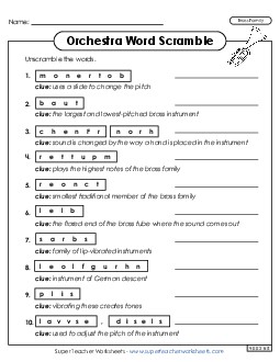 Brass - Word Scramble Music Instrument Families Worksheet