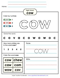 Worksheet 4: Cow Sight Words Individual Worksheet