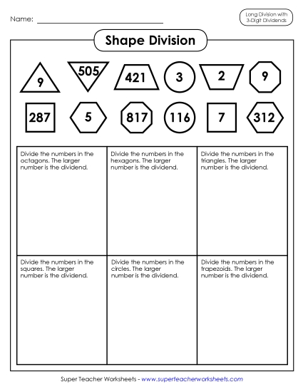 Shape Division: 3-Digit Dividends (w/ Remainders) Worksheet