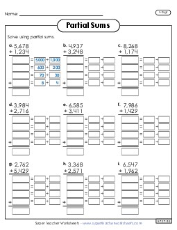 New 4-Digit Partial Sums Addition Spanish Worksheet