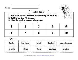 ABC Order: Cut and Glue (B-Insect Words)  Spelling B Worksheet