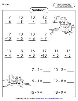 Basic Subtraction Facts: Birds Worksheet