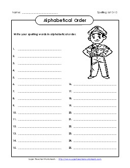 ABC Order: Write List (D-10) Spelling D Worksheet