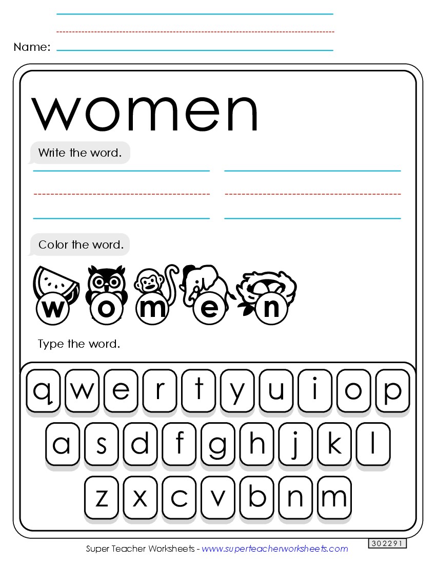 Write, Color, Type: Women Sight Words Individual Worksheet