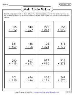 Addition Puzzle Picture: 100th Day of School (3-Digit Plus 3-Digit) Worksheet