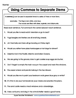 Commas Separating Items in a Series 3rd Grade 3rd Grade ELA Worksheet