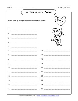 ABC Order: Write List (E-23) Spelling E Worksheet