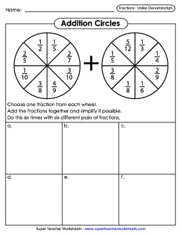 Addition Circles (Fractions w/ Unlike Denominators) Worksheet