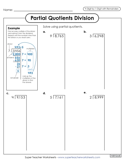 Partial Quotients  4-Digit by 1-Digit Division (with Remainders) Worksheet