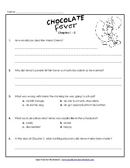 Questions for Chapters 1-2 Book Chocolate Fever Worksheet