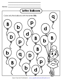 Letter B b Recognition - Balloons Alphabet Worksheet