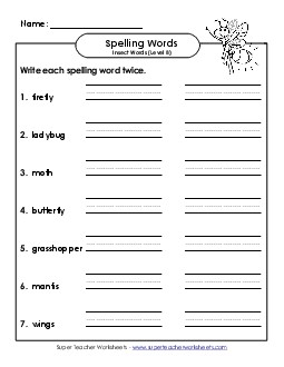 Write Twice (B-Insect Words)  Spelling B Worksheet