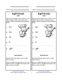 Take-Home List (Unit 5)  Sight Words Worksheet