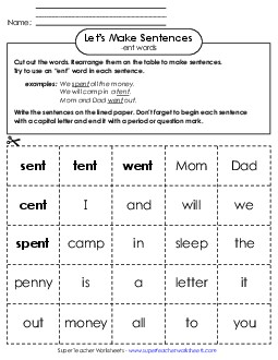 Make Sentences: Word Cards (-ent) Word Families Worksheet