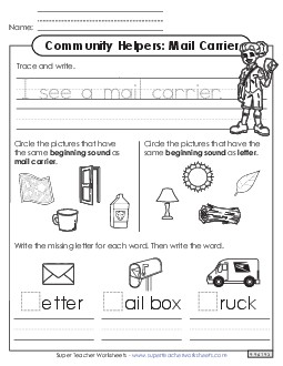 Mixed Literacy Skills: Mail Carrier Community Helpers Worksheet