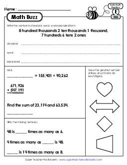 Math Buzz: Week 2 Worksheets 6 through 10 Daily Math Review Worksheet