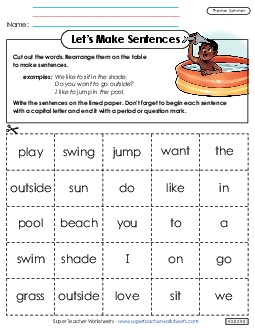 Let\'s Make Sentences: Summer Word Cards Worksheet