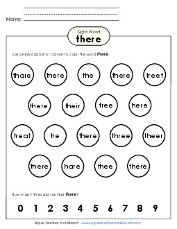 Dab or Color: There Sight Words Individual Worksheet