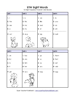 Full List of Sight Words (Units 1-30) Worksheet