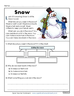 Snow (Short Article) 1st Grade Reading Comprehension Reading Comp Short Worksheet