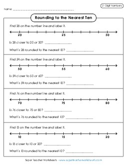 Rounding to the Nearest Ten Number Lines (2 Digit Numbers) Worksheet