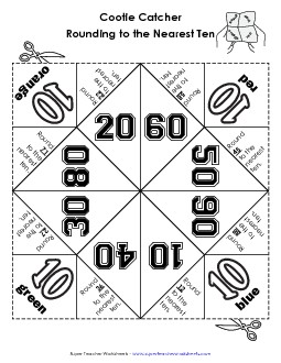 Foldable Fortune Teller Game: Rounding to the Nearest Ten Worksheet