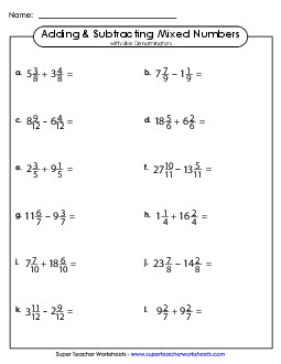 Adding and Subtracting Mixed Numbers w/ Like Denominators (Horizontal) Fractions Worksheet