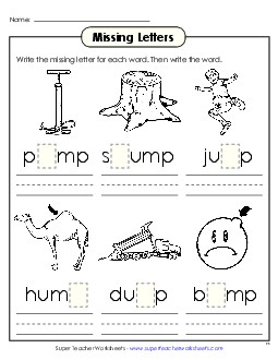 Missing Letters (-ump) Word Families Worksheet