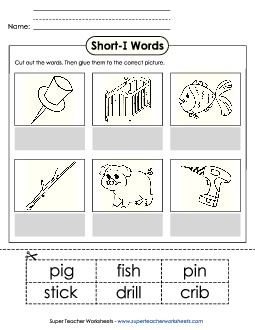 Cut-and-Glue (Short I Words) Phonics Long Short I Worksheet