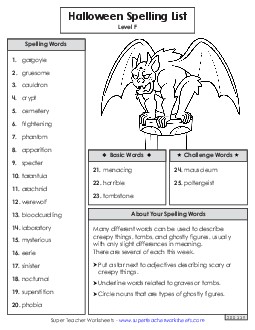 Spelling Word List (Halloween) Spelling F Worksheet