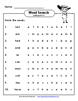 Horizontal Word Hunt (A-1) Free Spelling A Worksheet