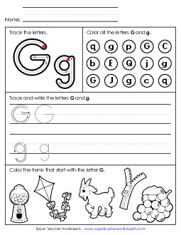 Tracing, Writing, and Recognizing Letter G Alphabet Worksheet