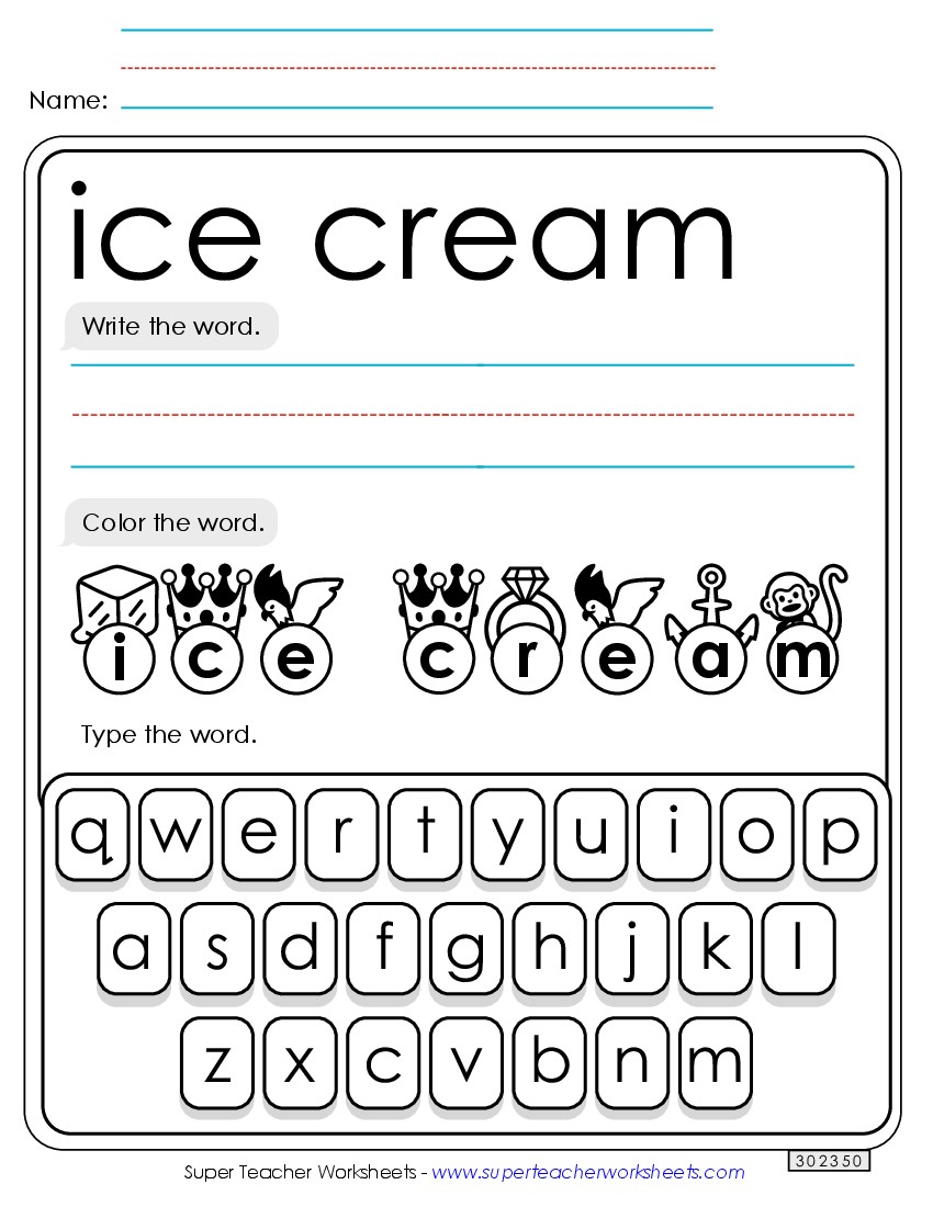 Write, Color, Type: Ice Cream Sight Words Individual Worksheet