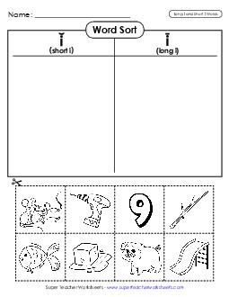 Word Sort (Cut & Glue) Free Phonics Long Short I Worksheet