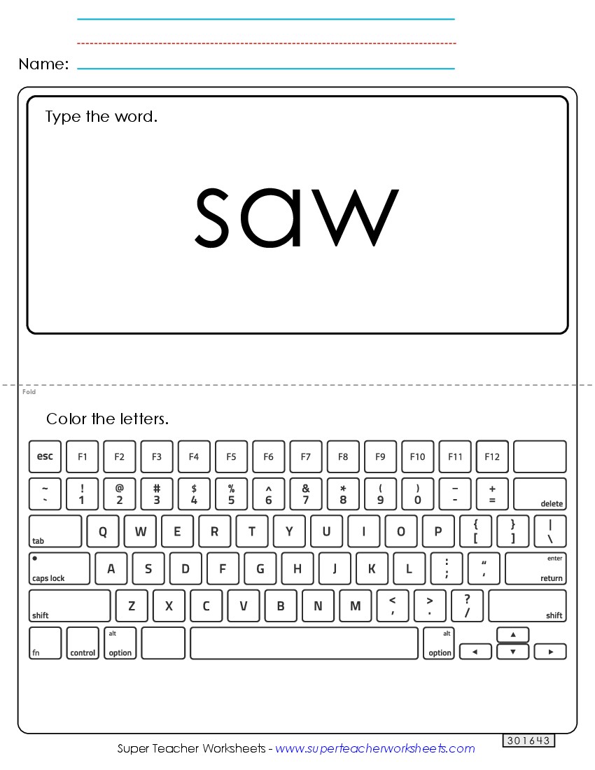 Type the Word: Saw Sight Words Individual Worksheet