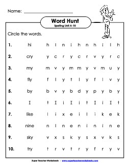 Horizontal Word Hunt (A-10) Spelling A Worksheet