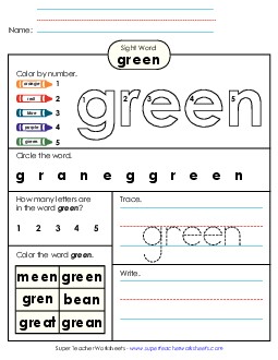 Worksheet 4: Green Sight Words Individual Worksheet