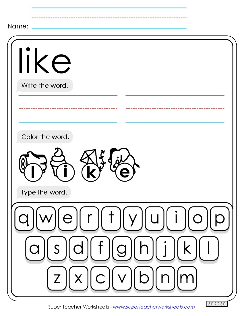 Write, Color, Type: Like Sight Words Individual Worksheet